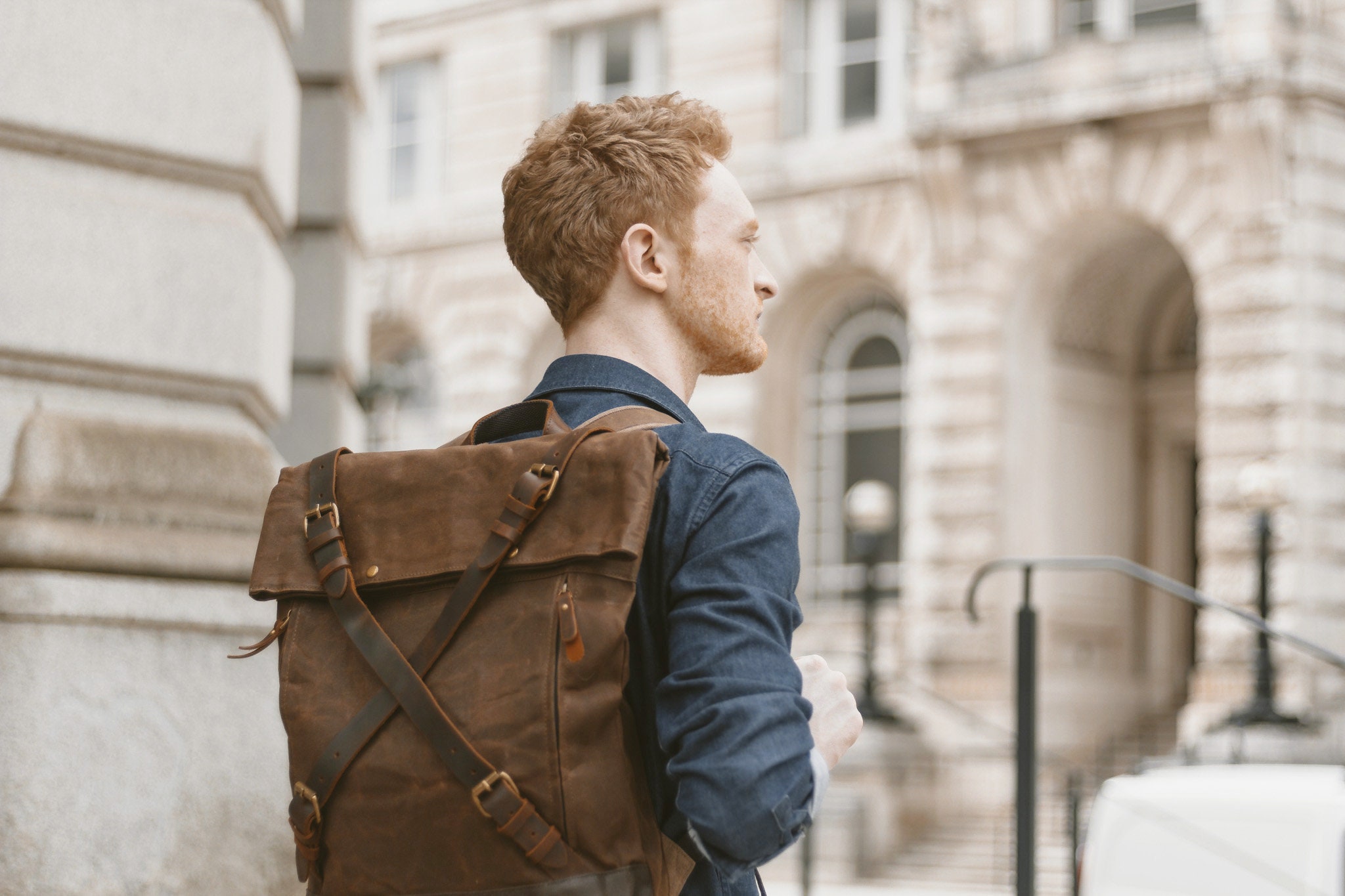 Mens Backpack Waxed Canvas & Leather Roll Top Brown Wax 