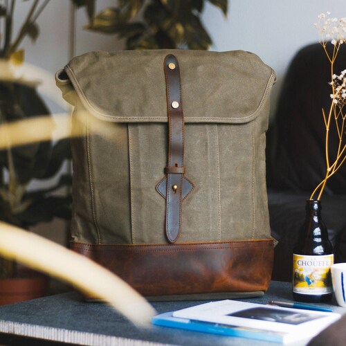Waxed Canvas & Leather Backpack Brown Drawstring Top Loader - Etsy