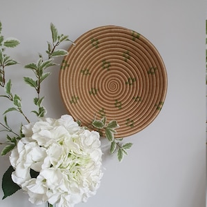 Rwanda African Basket -Cream with Green Petals | Wall Basket | Storage Basket | Wall Decor | Woven Basket | Basket wall decor | Boho Basket
