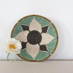 Rwanda African Basket - Green & White Flower | Wall Basket | Wall Decor | Woven Basket | Wall Hanging Basket