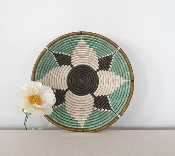 Rwanda African Basket: Green & White Woven Wall Decor