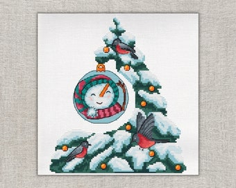 Christmass tree with snowman cross stitch pattern