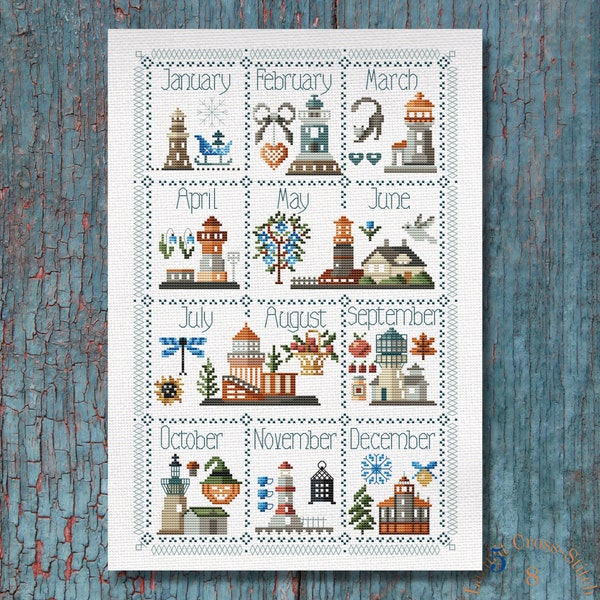 Cross Stitch Patterns & DIY Coastal Lighthouses Calendar Set, Embroidery, Create Your Own Nautical Wall Art. Primitive Lighthouses Calendar