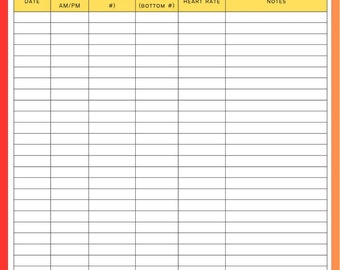 May include: A printable daily blood pressure tracker with a red and orange border. The top of the page has the title "DAILY BLOOD PRESSURE TRACKER" in red text. Fields include name, DOB, physician, date, time, systolic, diastolic, heart rate, and notes.