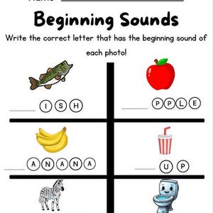 Puede incluir: Hoja de trabajo educativa titulada "Sonidos iniciales". La hoja de trabajo presenta ilustraciones de un pez, una manzana, plátanos, una bebida, una cebra y un inodoro. La tarea es escribir la letra inicial de cada imagen.