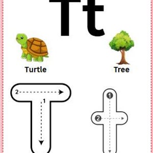 May include: Educational poster featuring the letter "T" with illustrations. Includes a green turtle, a tree, and tracing guides for uppercase and lowercase "T". The poster has a white background with a colorful border of pencils and erasers.