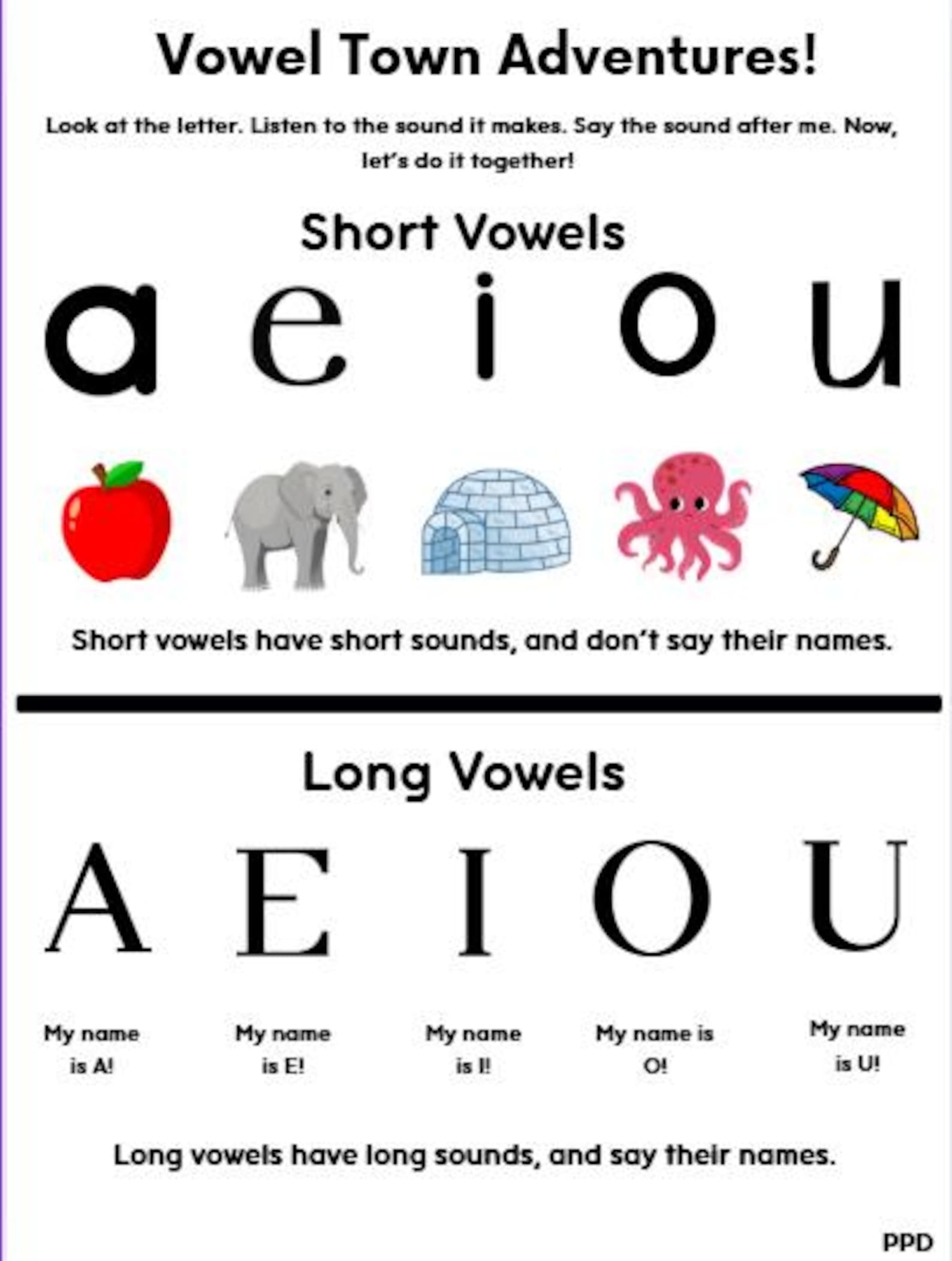 Vowel Sounds Learning Sheet Preschool Kindergarten Printable Homeschool