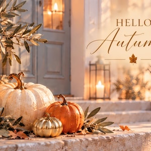 Op de afbeelding: Een decoratieve opstelling met een grote witte pompoen, een middelgrote oranje pompoen en een kleine metallic gouden pompoen op stenen treden. Het geheel bevat olijftakken en de tekst HELLO Autumn met een klein blaadje als icoon.
