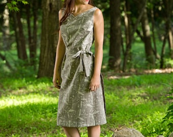 Vintage Inspired Grey Printed Cotton Back Wrap Sleeveless Dress