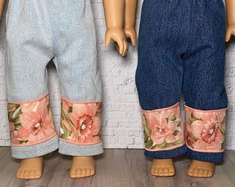 18-Zoll-Puppenkleidung -- Denim Vintage Pink Blumen Jeanshose Puppenhose