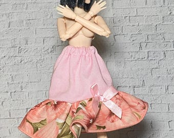 1/6 Scale Doll Clothes — Pink Denim Floral Bow Ribbon Midi Cute Ruffle Skirt Clothes for Blythe Obitsu & Similar Fashion Dolls