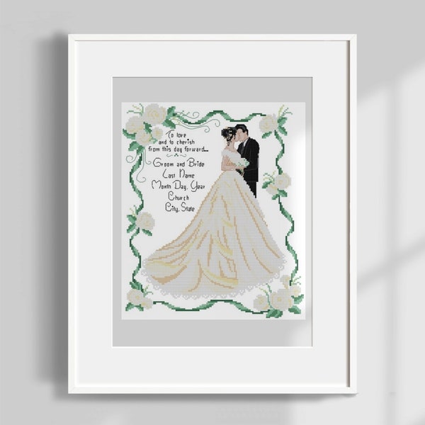 Wedding Dress Marriage Bride and Bridegroom Love Kiss Cross Stitch Pattern (Color PDF Printable Pattern)