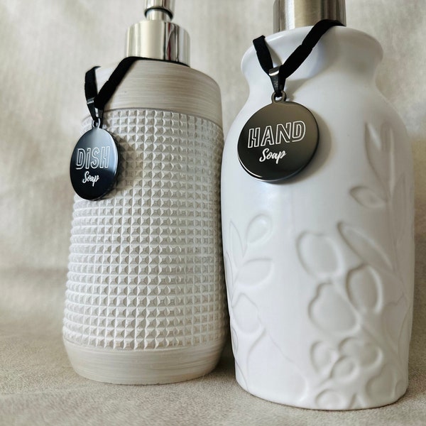 2pc Black Hand Soap & Dish Soap Tags with Length Adjustable Straps Round Labels for Dispenser Bottle Kitchen Airbnb Pump Bottle Tags