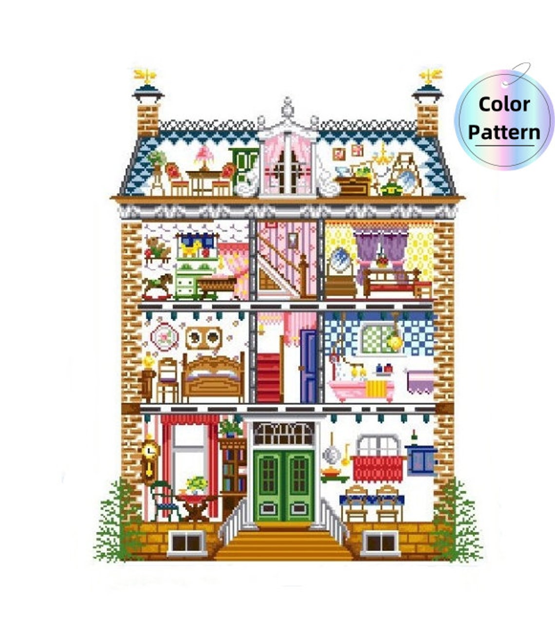 Doll House Full House Cute Mini Room Furnitures Vintage Cross Stitch ...