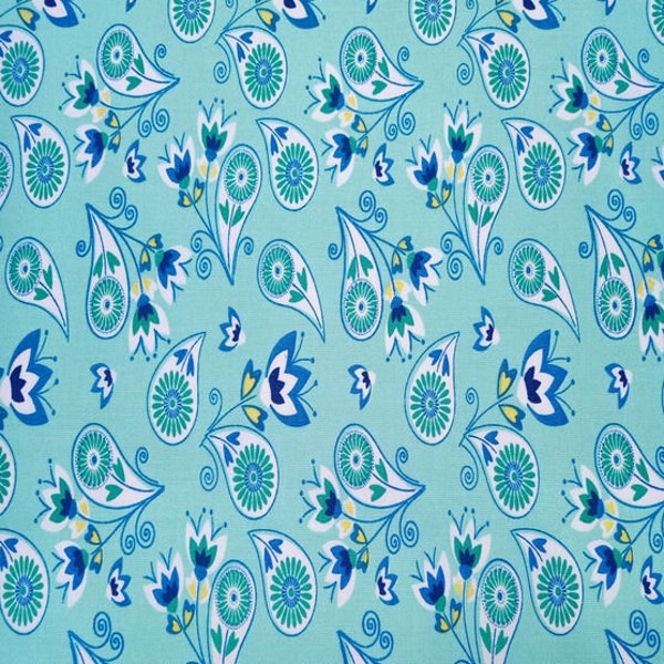 Paisley Floral Green Blue Pattern Fabric, 100% Cotton Fabric by the Yard