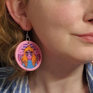 Weird Colorful Pink Earrings, Handmade Wooden Streetwear purple yellow Tattoo Aesthetic Drop Dangle
