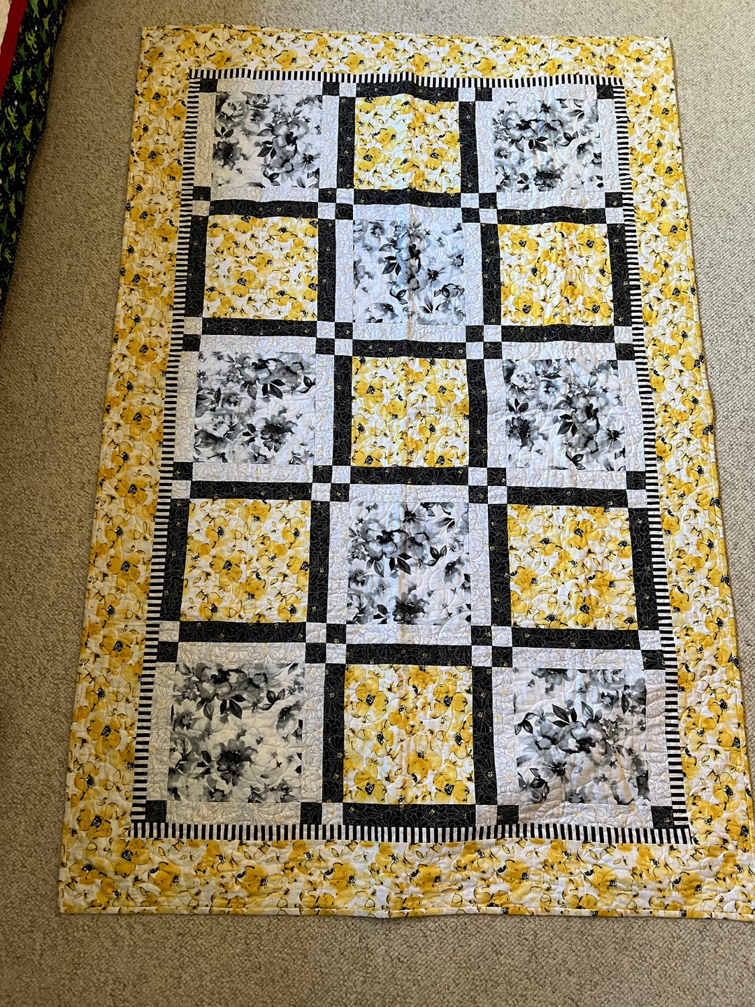 Yellow Floral Quilt, Yellow Grey Floral Quilt, Patchwork Quilt Etsy