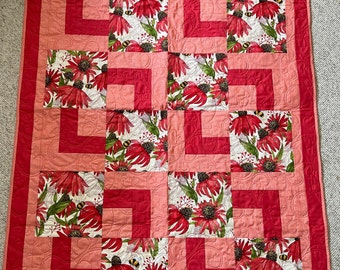 Painted Medows Fabric Quilt, Pink Cornflower Quilt, Lap Size Quilt