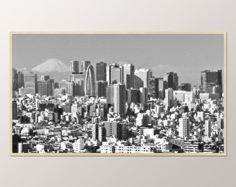 Tokio City View TV Frame, Samsung TV Art Frame Digital Download, Tokio Skyline Black And White Digital Painting