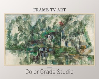 Arte vintage verde abstracto, arte para televisor Samsung Frame, Paul Cézanne, pintura al óleo impresionista, Al borde del agua, Cézanne