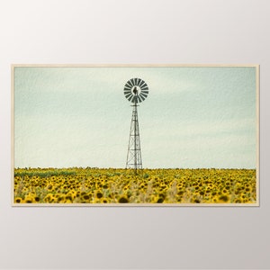 Windmühle digitales Ölgemälde, Rahmen TV Kunst Sonnenblumen Sofort Download, Bauernhaus Rahmen TV Dekor
