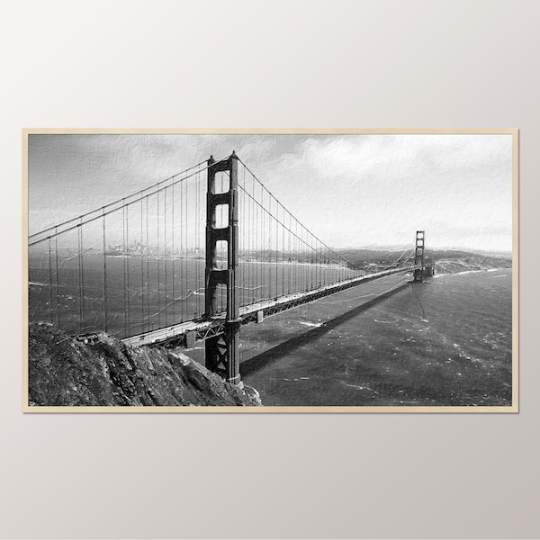 San Francisco Golden Gate Bridge TV Frame, Samsung TV Art Frame Digital Download, Black And White Digital Painting