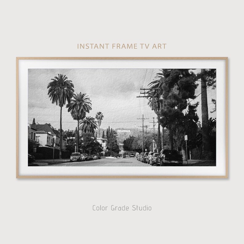 Hollywood TV Frame, Samsung TV Art Frame Digital Download, Los Angeles Black And White Digital Painting, US California Samsung Frame image 2