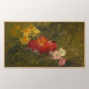 Vintage Oil Painting Frame TV Art, Red Yellow Wild Flowers, Still Life Flowers, Botanical Art For Frame TV Download