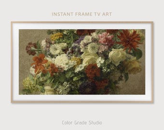 May include: A vintage still life painting of a bouquet of flowers in a vase. The flowers are a mix of red, white, yellow, and purple. The background is a muted brown.
