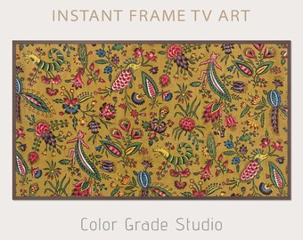 Moldura Floral Amarela para TV, Padrão Ornamental Vintage, Download Digital