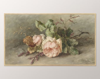 Roses Frame TV Art, Vintage Watercolor Drawing, Art For Frame TV Flowers, Digital Instant Download