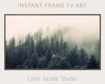 Samsung Frame TV Moody Art, Foggy Mountains Digital Oil Painting, Pine Tree Forest, Digital Download