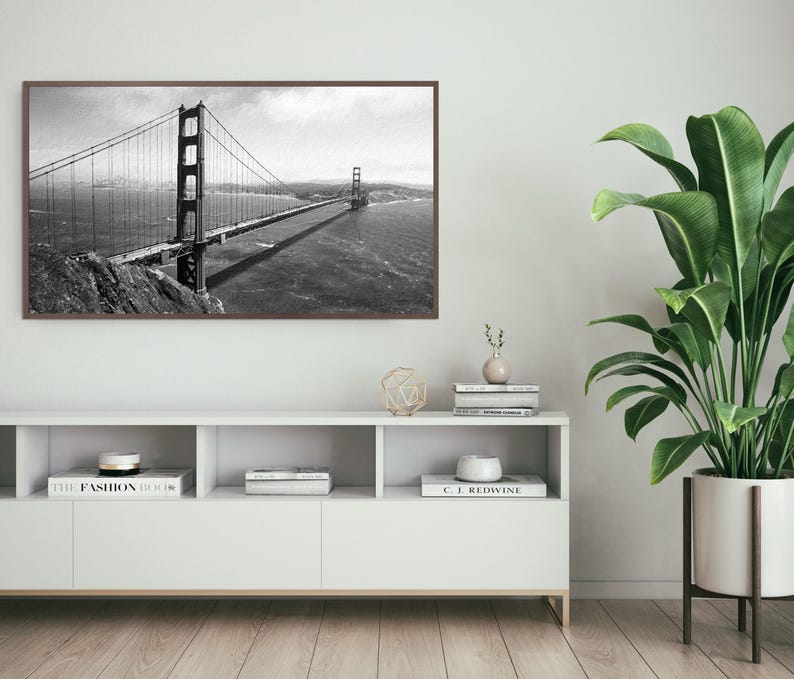 Marco para TV del Puente Golden Gate de San Francisco, descarga digital de marco artístico para TV Samsung, pintura digital en blanco y negro imagen 5