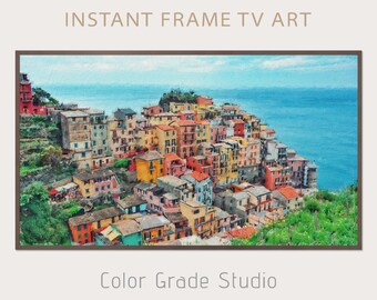 Arte para TV com moldura italiana, pintura a óleo digital de Cinque Terre, arte com casas coloridas de Manarola para TV com moldura, decoração para download instantâneo