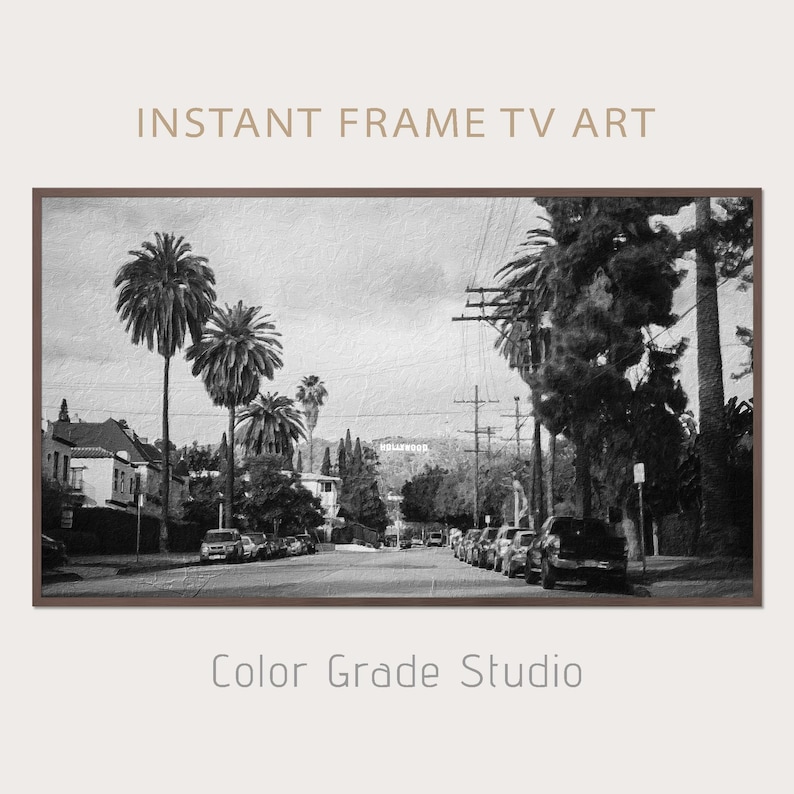 Hollywood TV Frame, Samsung TV Art Frame Digital Download, Los Angeles Black And White Digital Painting, US California Samsung Frame image 1