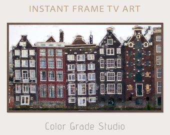Marco de arte de Ámsterdam para TV, descarga digital Samsung Frame TV, pintura al óleo digital de casas de Ámsterdam, Países Bajos, lienzo antiguo estilo vintage