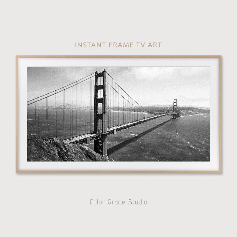 Marco para TV del Puente Golden Gate de San Francisco, descarga digital de marco artístico para TV Samsung, pintura digital en blanco y negro imagen 2