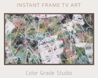 Pintura a óleo abstrata emoldurando uma TV: branco, verde e amarelo (download digital)