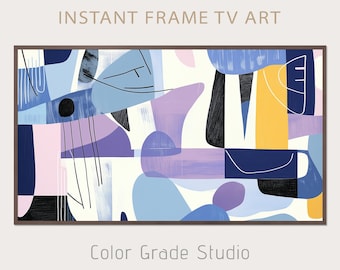 Arte geométrica abstrata retrô, TV com moldura roxa e amarela Samsung, decoração de parede moderna e contemporânea