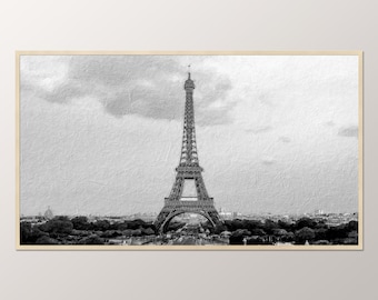 Eiffeltornet i Paris ram för TV, svartvitt foto Paris, digital nedladdning ram konst TV, Paris digital konst ram för TV