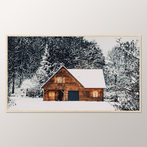Snowy Forest Landscape, Frame TV Art, Farmhouse Decor, Rustic Old Cabin Woods, Winter Mountain Instant Download