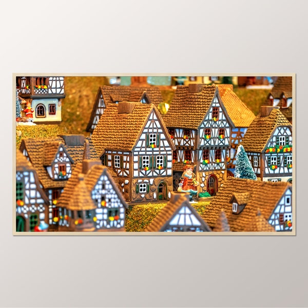 Samsung Frame TV Winter Art, Frame TV Art Christmas Village, Instant Download, Orange Ceramic Half-timbered Houses