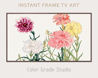 Moldura de TV Vintage Artística, Ilustração de Flores, Arte Japonesa com Cravos, Download Digital