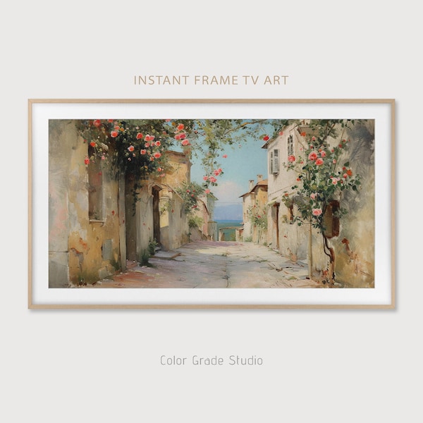Samsung Frame TV Art, Romantic Small Village, Flowers Street Countryside, Farmhouse Decor, Spring Flowers Digital Painting