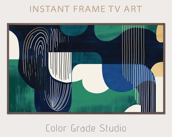 May include: Abstract digital art print with a brown frame. The artwork features a mix of shapes in shades of blue, green, and cream, with gold and white linear details. Text at the top reads "INSTANT FRAME TV ART" and at the bottom "Color Grade Studio."