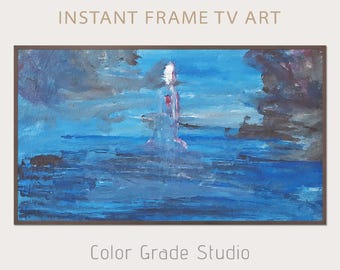 Quadro de TV Arte Abstrata, Pintura a Óleo Digital Original, Download Digital do Oceano Azul