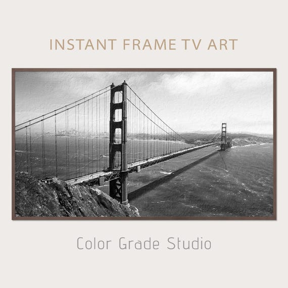 San Francisco Golden Gate Bridge TV Frame, Samsung TV Art Frame Digital Download, Black And White Digital Painting