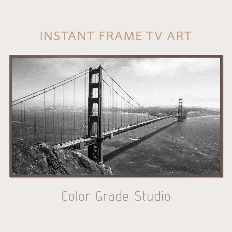Marco para TV del Puente Golden Gate de San Francisco, descarga digital de marco artístico para TV Samsung, pintura digital en blanco y negro imagen 1