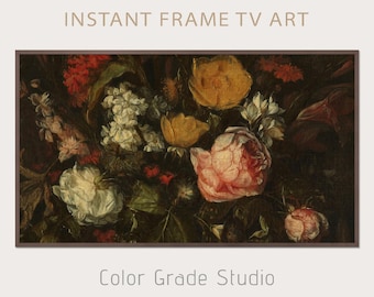 Moody Floral Vintage Oil Painting, Frame TV Art, White Yellow Red Flowers On Dark Background, Still Life Flowers, Download Botanical Art