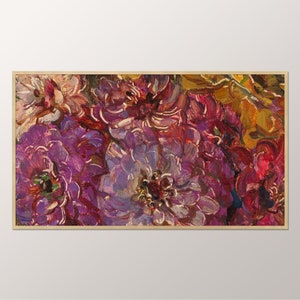 May include: A close-up of a painting of a bouquet of purple, pink, and white flowers. The flowers are painted in a loose, impressionistic style, with thick brushstrokes and vibrant colors.